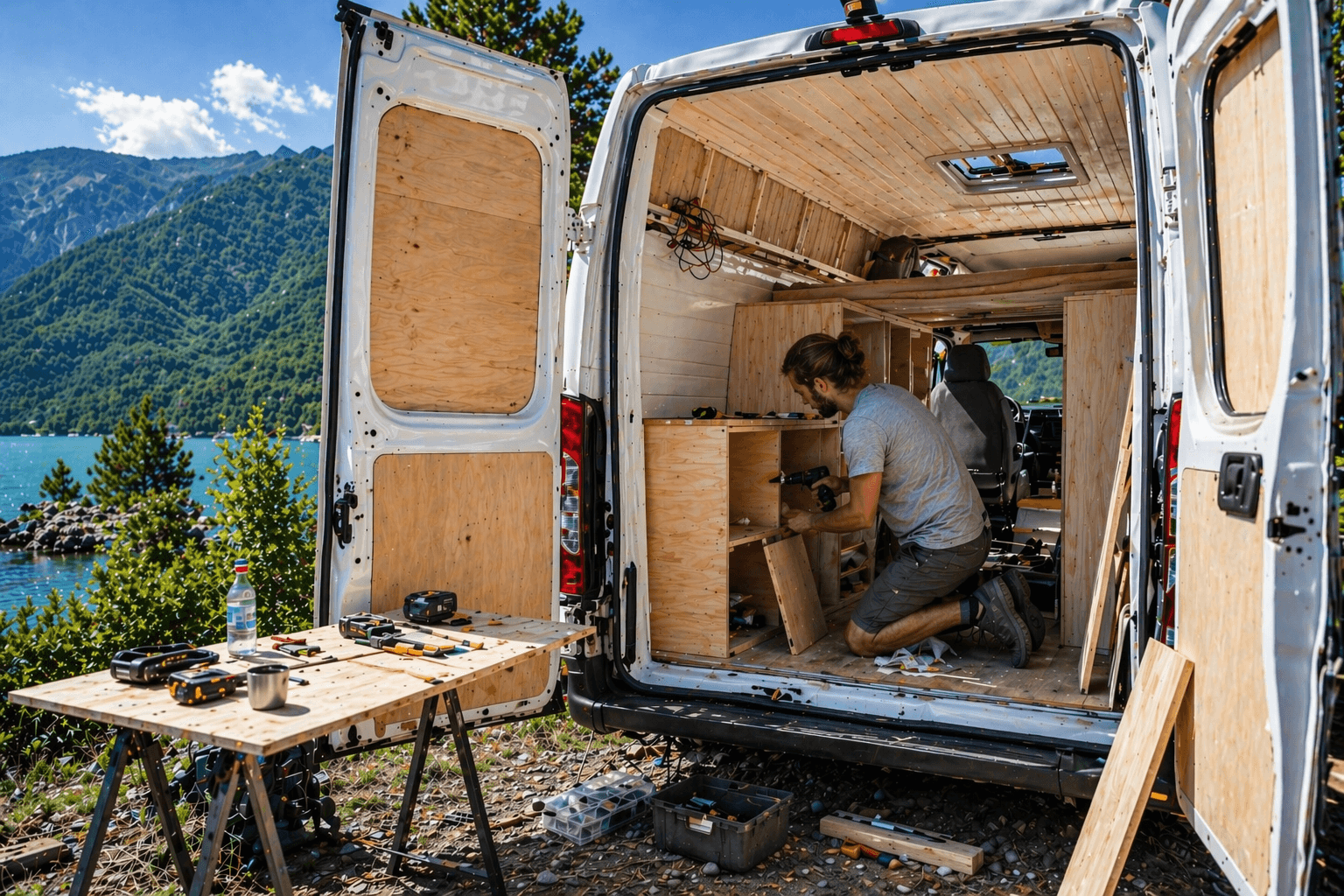 Intérieur de van aménagé fait soi-même avec lit en bois, cuisine et fenêtre sur paysage