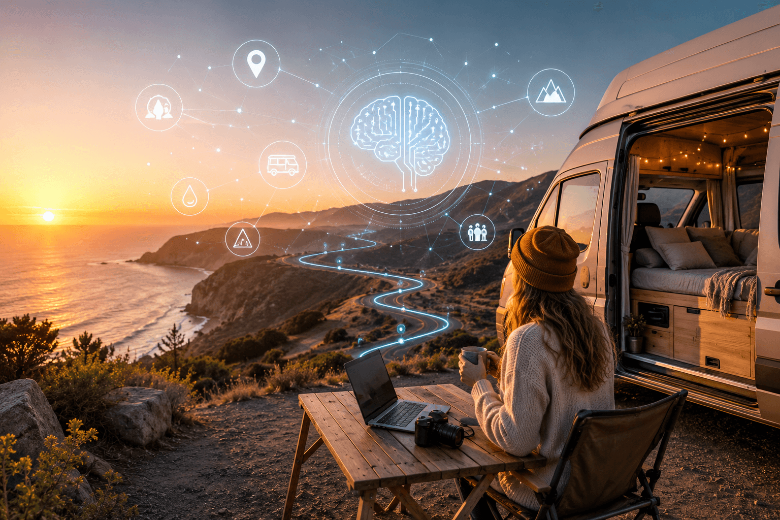 Voyageuse assise devant son van au coucher de soleil avec une superposition IA — intelligence artificielle et vanlife