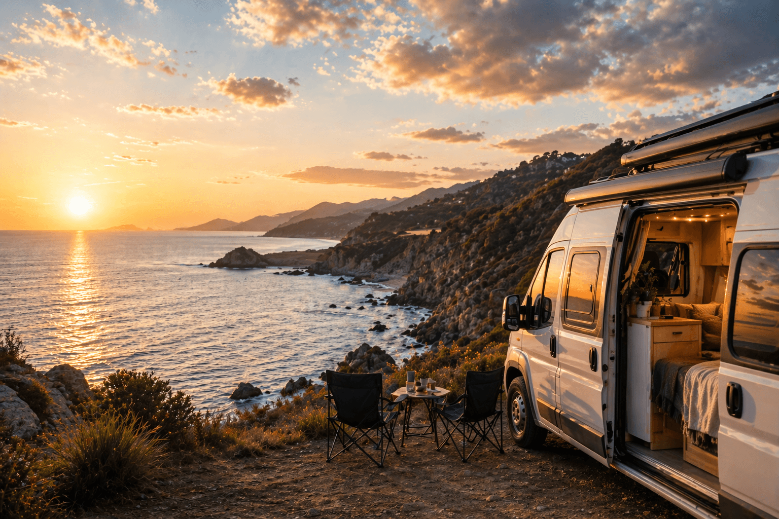 Van aménagé sur une route de campagne en France au coucher du soleil