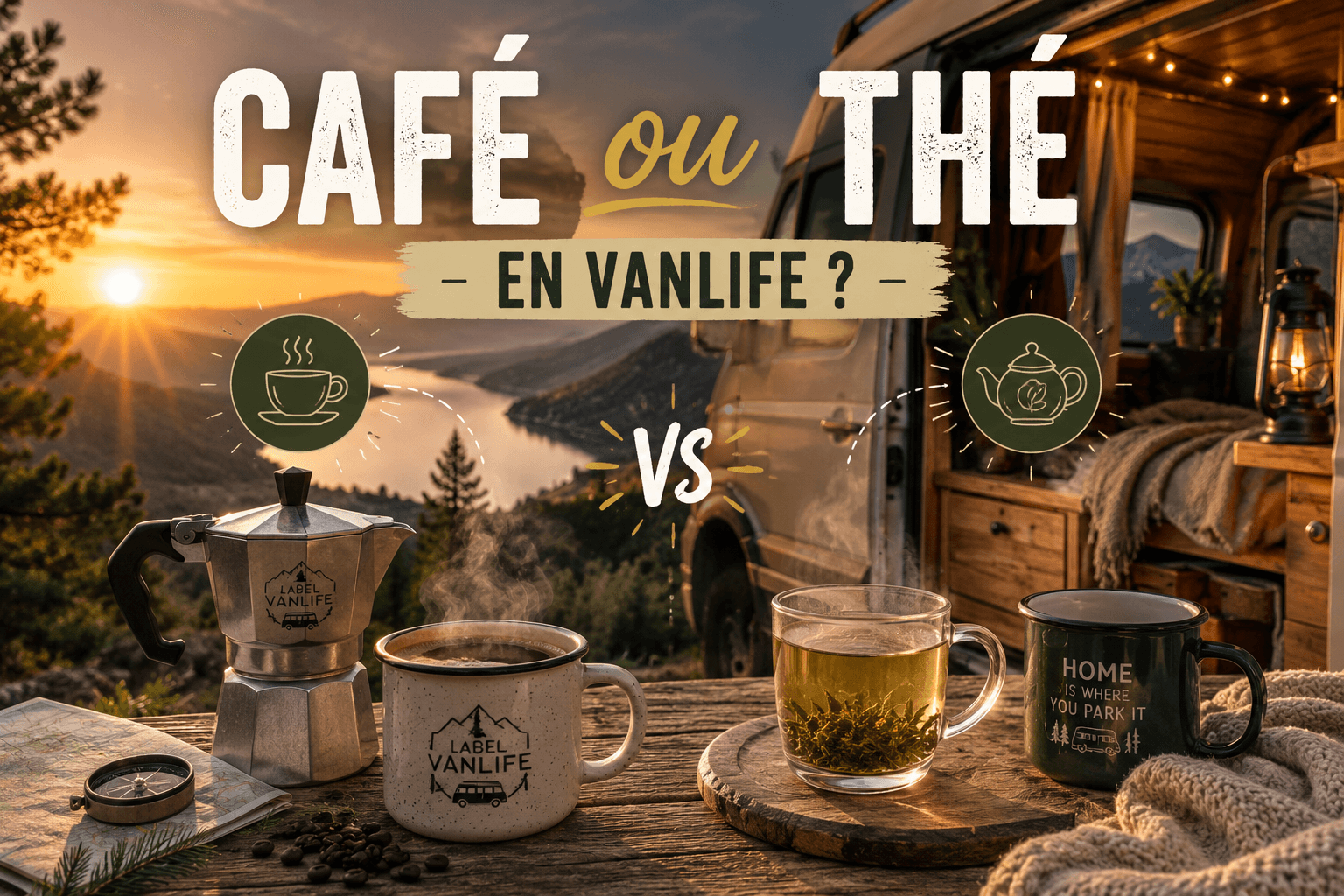Café et thé sur une table en bois devant un van au coucher de soleil — vanlife café ou thé