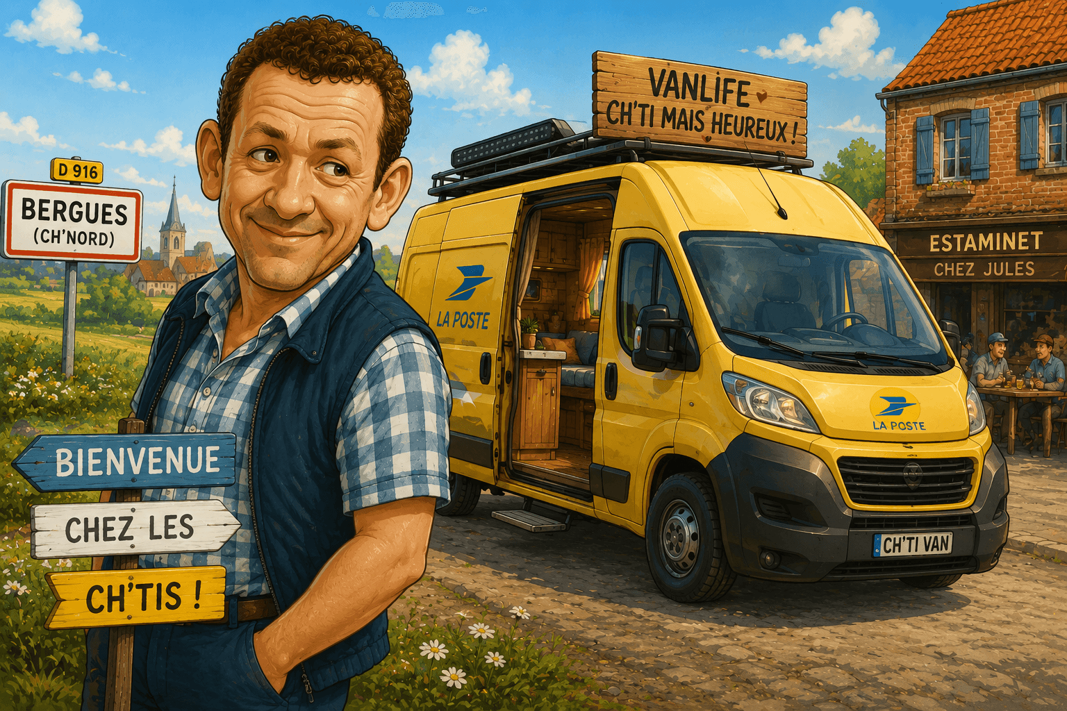 Personnage style Dany Boon devant un van jaune à Bergues — blagues vanlife Ch'ti Nord