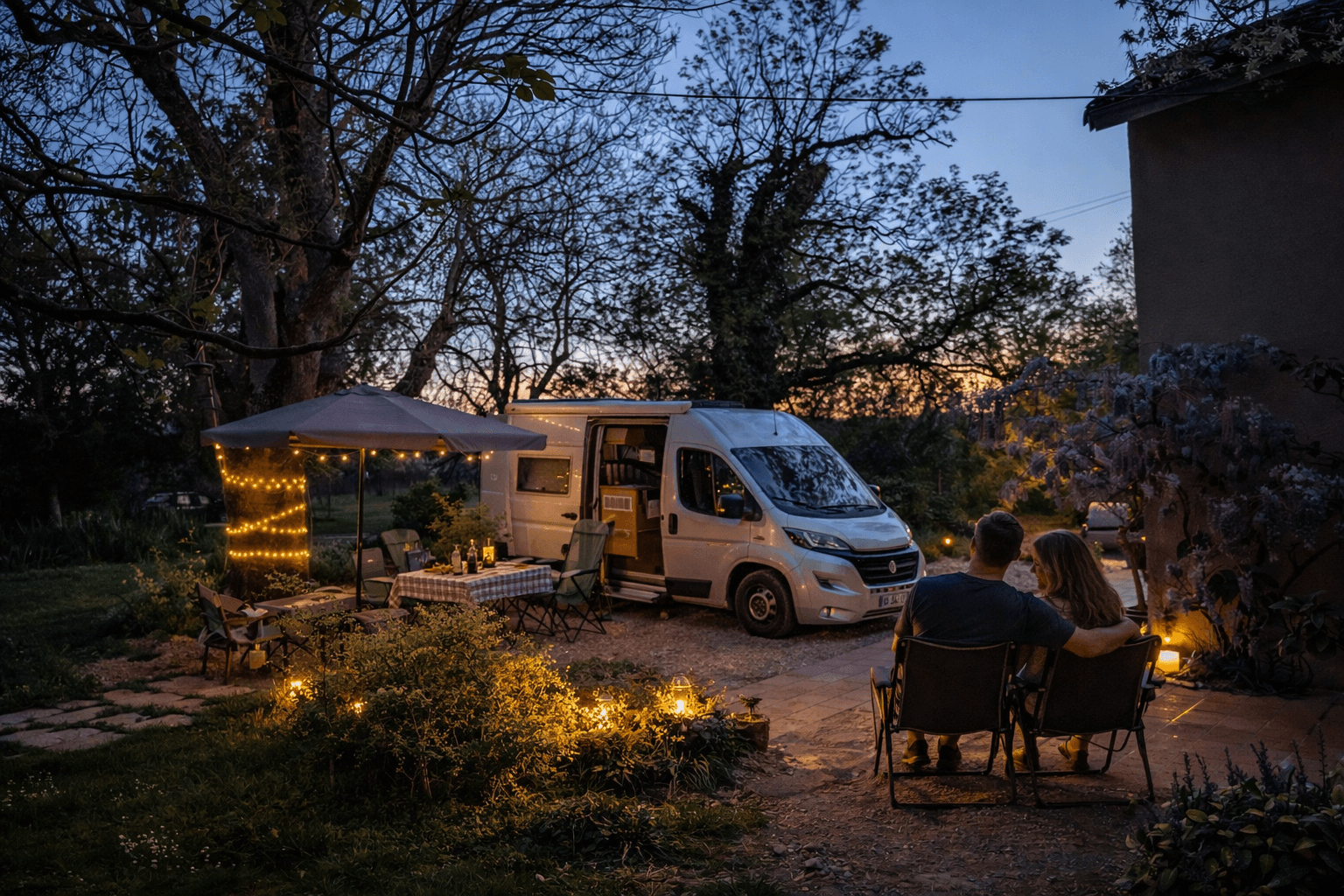 Van garé face à un lac au coucher du soleil dans les gorges du Verdon