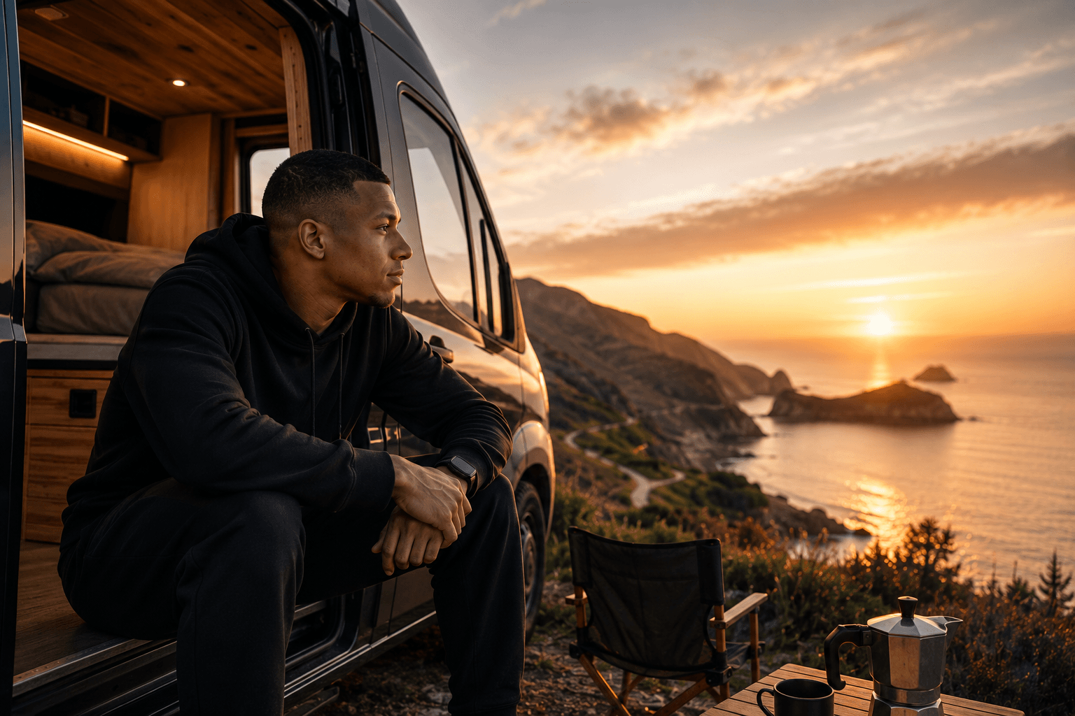 La vanlife vue par Mbappé — liberté, silence et route au coucher du soleil