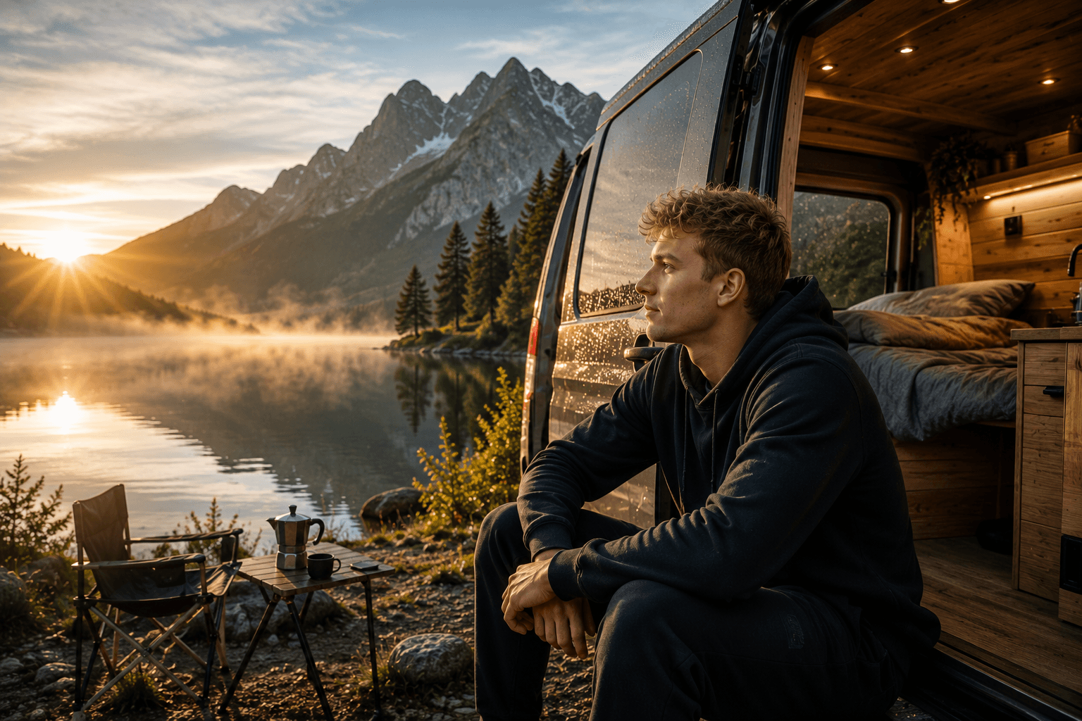 La vanlife vue par Léon Marchand — calme, nature et route face aux montagnes